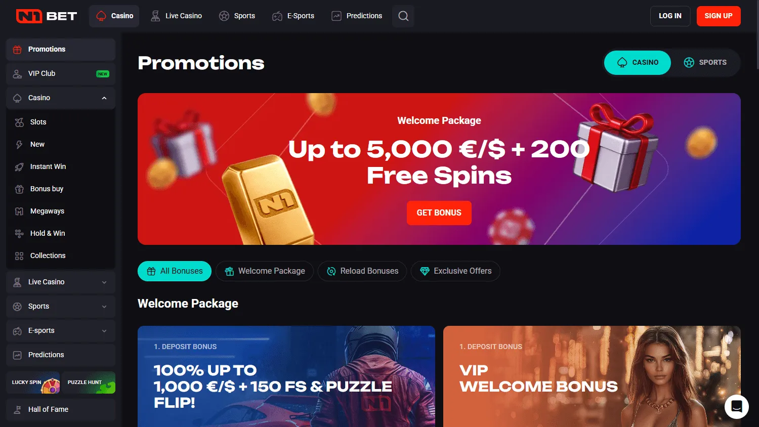 N1 Bet Casino desktop promotions area