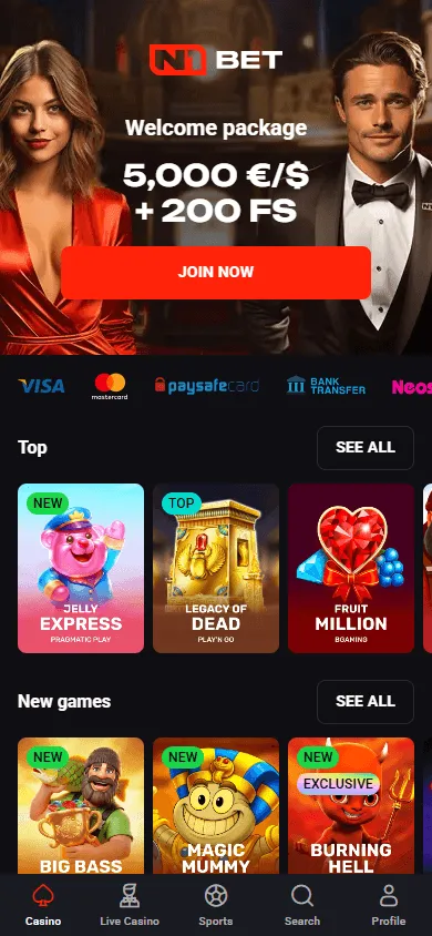 N1 Bet Casino mobile home interface